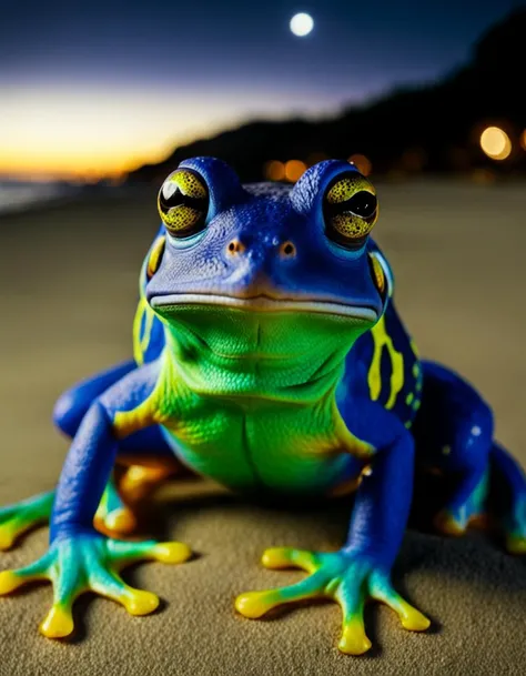 ,a frog with blacklight makeup at night on the beach ,a frog with blacklight makeup at night on the beach ,undefined . undefined,
