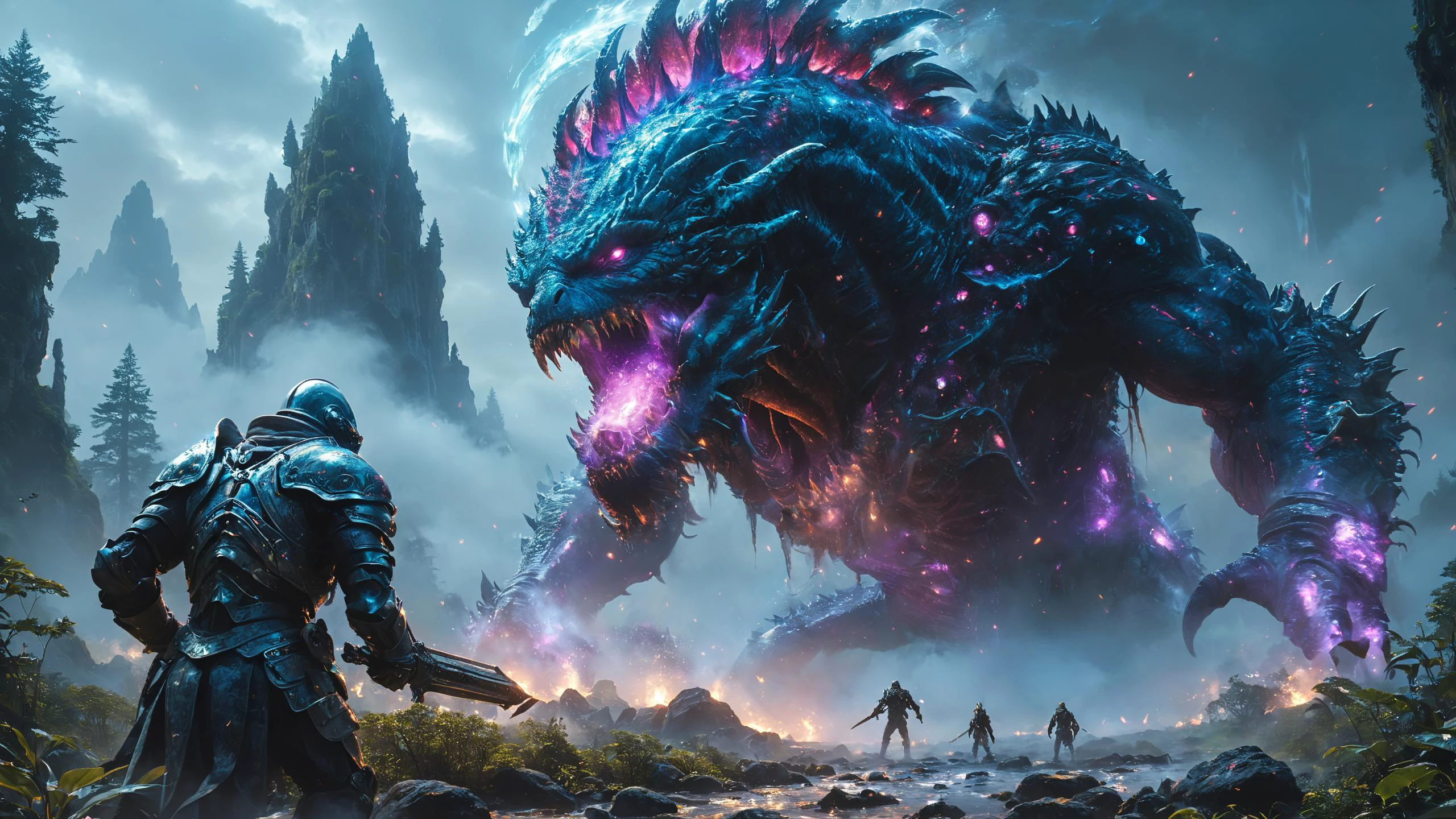 alien landscape, full body Biomechanical towering metallic giant monsters, Towering geysers erupting with liquid diamonds, Enchanted forest blanketed in mystical fog , alien flora, alien fauna, glowwave, <lora:blacklight_makeup_v2:0.7> blacklight makeup, <lora:SDXLFaeTastic2400:0.4> <lora:XL_boss_battle:1> Bosstyle, highly detailed, photorealism, hyperrealism, sharp focus