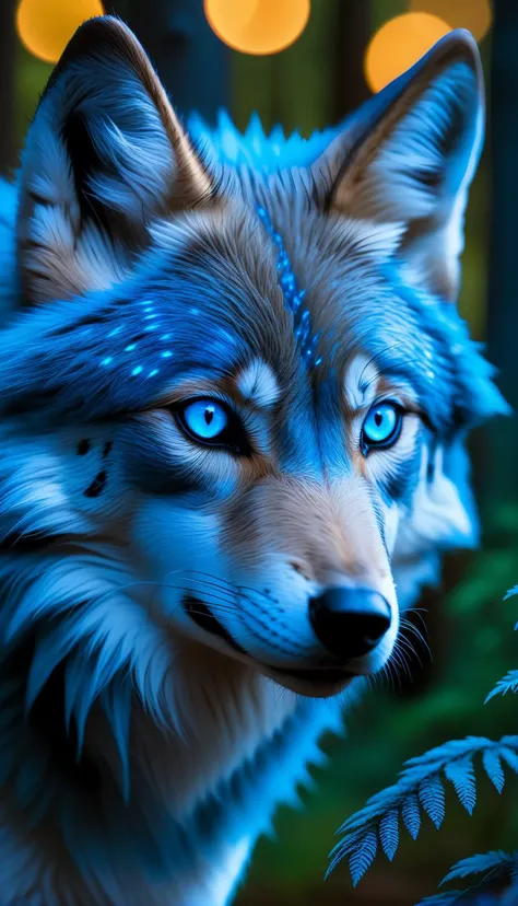[cute] portrait of a slim wolf, (glowing blue eyes), blue fur markings,
[blurry] forest background,
fantasy, photorealistic, concept art, sharp, depth of field, bokeh, 4K, high quality,  best quality, highly detailed photo, real shadow, detailed pupils, detailed face and eyes  <lora:add-detail-xl:0.5> <lora:AdvancedEnhancerXLv2:0.5> <lora:blacklight_makeup_v2:0.8> blacklight makeup