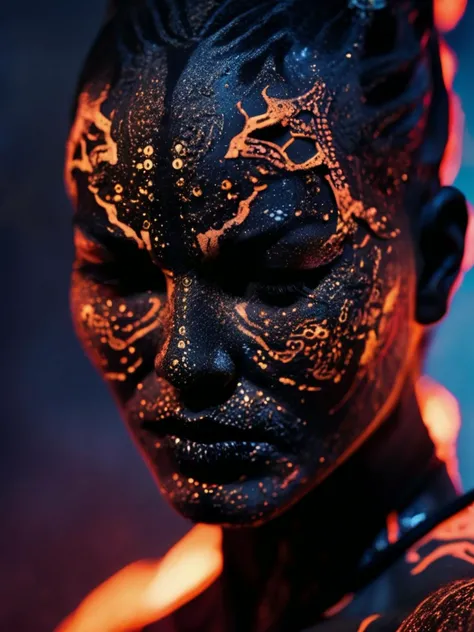 cinematic film still of makeup cyborg style, face samurai of made of a metamorphosis of lava and sand, black metal, intricate details, an unusual look, detailed, outline light, dust particles, smoke particles, sand particles, <lora:cyborg_style_xl:0.8> cyborg style, cyborg, android <lora:blacklight_makeup_v1:0.8> with blacklight makeup
