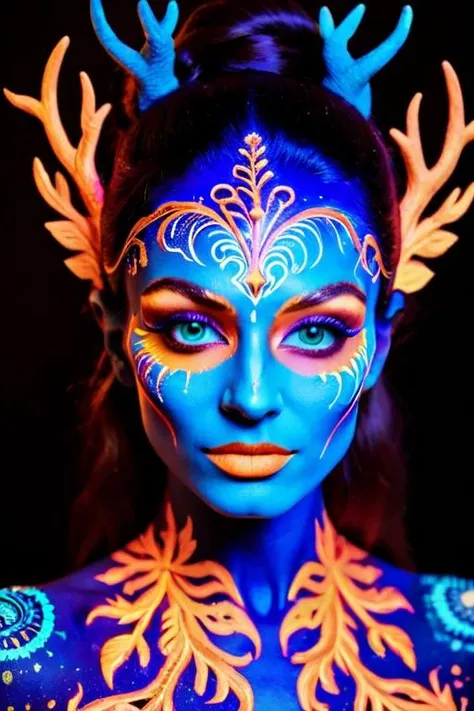 woman in a mythical forest, masterpiece, perfect face, intricate details, horror theme <lora:blacklight_makeup_v2:1> blacklight makeup