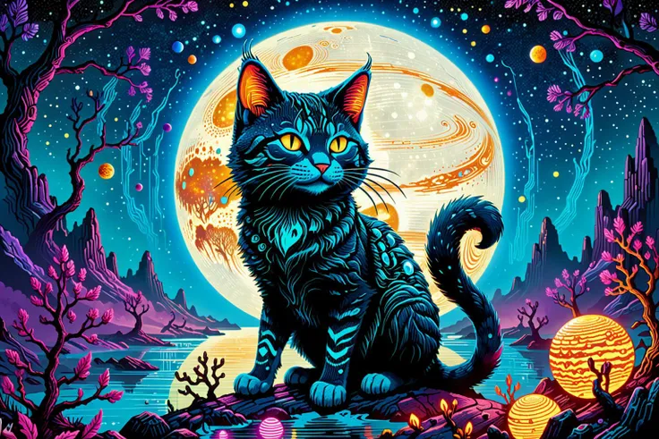 <lora:xl_more_art-full_v1:0.7> detailed digital illustration of a  <lora:Fantasy_Monsters_XL:0.6> Bakeneko in a Exoplanet ecosystem driven by bioluminescence, <lora:blacklight_makeup_v2:0.7> blacklight makeup, <lora:quality1:1>