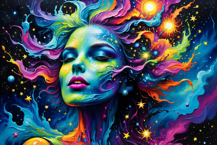 <lora:xl_more_art-full_v1:0.7> (detailed) Gorgeous splash of vibrant paint oil painting with heavy (impasto:1.3) of a  Galactic winds carry wishes to stars, <lora:blacklight_makeup_v2:0.7> blacklight makeup, <lora:InkArtXL_1.2:0.7> ink art, line art, (Solarpunk:1.3)