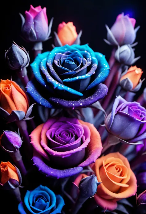 multicolored rose buds with blacklight makeup, by Anato Finnstark,
dark silhouette of rose buds against an abstract black light, (multiple rose buds:1.4),
in the dark, (dark magic), (grim), (intricate details), (hyperdetailed), vibrant colors,
(<lora:3d_render_style_xl:1>:0.5) 3d style, <lora:blacklight_makeup_v1:1>, ultra realistic, masterpiece, sharp focus, intricate, sharp details, highly detailed, rich color, 8K,