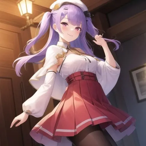 (masterpiece, best quality:1.2),illustration,8k,hd,1girl,solo,ajax (azur lane),cowboy shot,aiguillette,bangs,beret,black legwear,brown footwear,capelet,detached sleeves,hair ornament,hairclip,hat,high-waist skirt,loafers,long hair,long sleeves,pantyhose,pink eyes,purple hair,red skirt,ribbon,skirt,sleeves past wrists,smile,two side up,white hat,yellow ribbon,<lora:Ajax(azur)>,