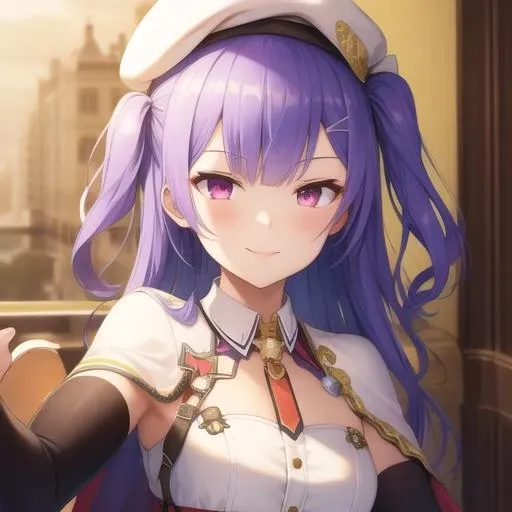 (masterpiece, best quality:1.2),illustration,8k,hd,1girl,solo,upper body,(portrait:1.2),ajax (azur lane),aiguillette,bangs,beret,black legwear,brown footwear,capelet,detached sleeves,hair ornament,hairclip,hat,high-waist skirt,loafers,long hair,long sleeves,pantyhose,pink eyes,purple hair,red skirt,ribbon,skirt,sleeves past wrists,smile,two side up,white hat,yellow ribbon,<lora:Ajax(azur)>,