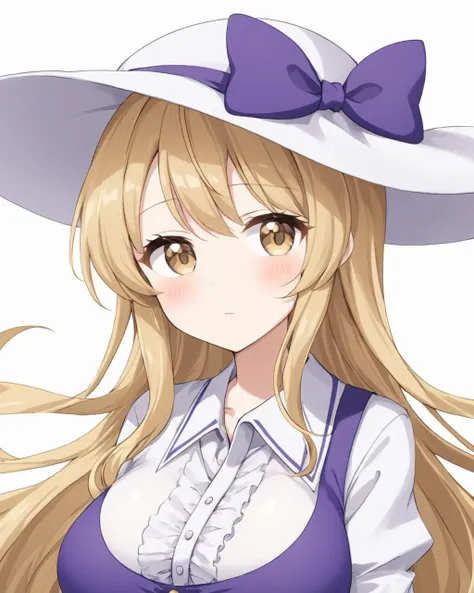 watatsuki no toyohime,1girl, solo, hat, simple_background, white_background, looking_at_viewer, white_headwear, upper_body, blush, white_shirt, collared_shirt, purple_bow, hair_bow, juliet_sleeves, purple_ribbon, closed_mouth, white_pupils, dress, holding, large_breasts
<lora:watatsuki_no_toyohime_image378_2023-12-20:1>,star-shaped_pupils,symbol-shaped_pupils,. gorgeous,key visual, vibrant, studio anime,award-winning, professional, highly detailed,high budget, cinemascope