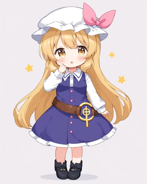 watatsuki no toyohime, long_sleeves, open_mouth, purple_dress, peach, chibi, star_\(symbol\), white_headwear, mob_cap, solo, 1girl, buttons, blush, black_footwear, hand_on_own_face, crescent, white_shirt, pink_bow, hat_bow, shoes, holding_fruit, single_strap, full_body, collared_shirt, standing, hands_up, leaf, hat_ornament, brown_belt, white_background, collared_dress, simple_background, one-hour_drawing_challenge
<lora:watatsuki_no_toyohime_image378_2023-12-20:1>,star-shaped_pupils,symbol-shaped_pupils,. gorgeous,key visual, vibrant, studio anime,award-winning, professional, highly detailed,high budget, cinemascope