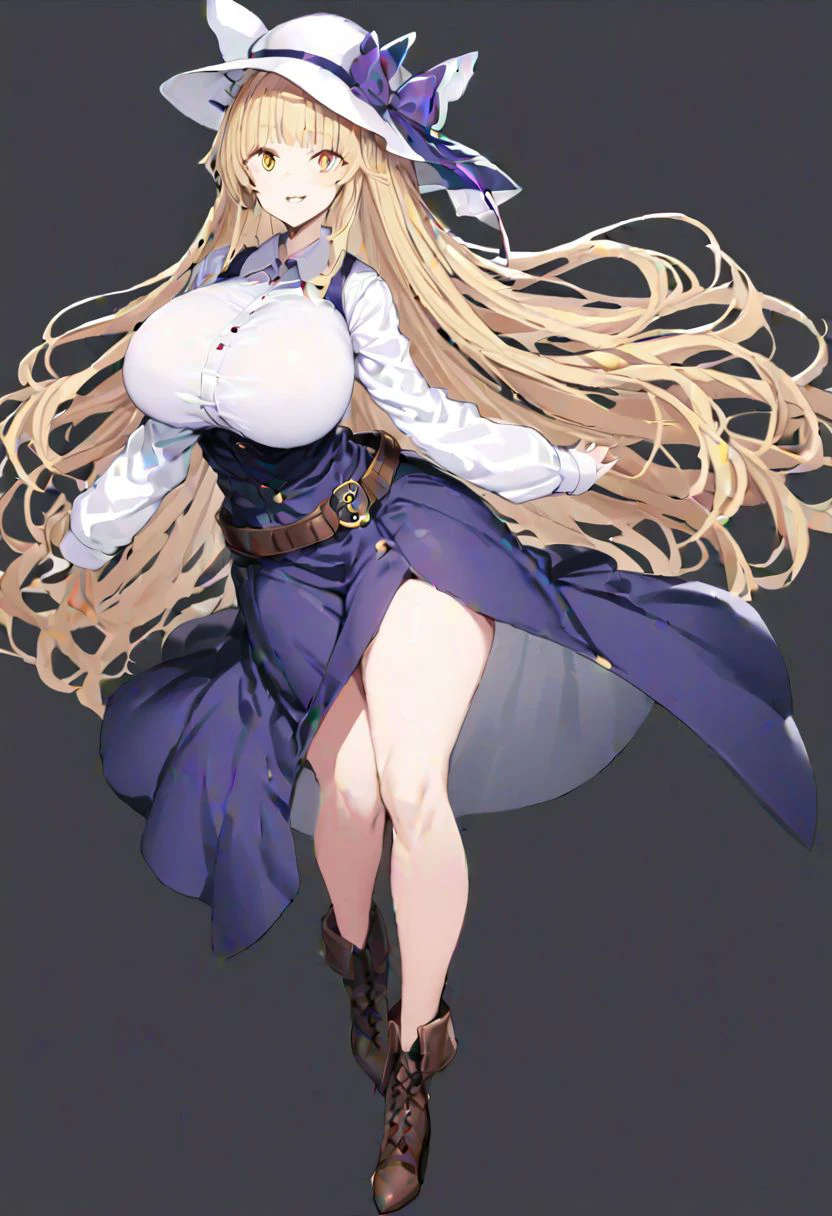 masterpiece, best quality, ultra-detailed, beautiful, nai3, 1girl, solo, full_body, tachi-e,
watatsuki_no_toyohime, solo, 1girl, bangs, smile, long_hair, blonde_hair, red_eyes, white_hat, white_sun_hat, long_sleeves, white_shirt, yellow_eyes, collared_shirt, very_long_hair, boots, sidelocks, hat_ribbon, sleeveless, brown_footwear, white_headwear, open_clothes, high_heels, hat_ribbon, _pink_ribbon, pinafore_dress, purple_blue_dress, single_strap, _loose_belt, huge_breasts, orange_eyes, button-up_shirt, brown_eyes, purple_dress, buttons, long_sleeves, wing_collar, purple_bow, hat, hat_bow, single_strap, wide_eyed,