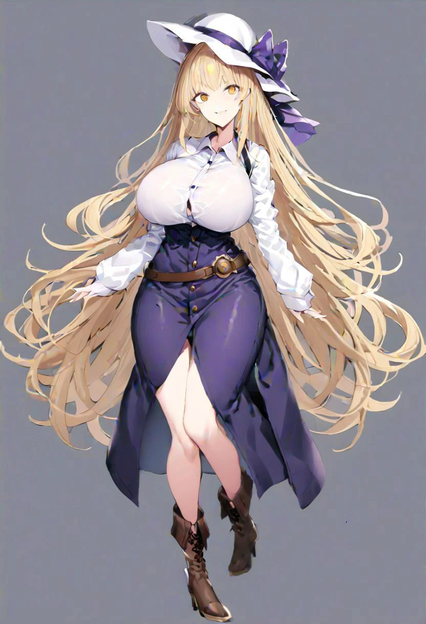 masterpiece, best quality, ultra-detailed, beautiful, nai3, 1girl, solo, full_body, tachi-e,
watatsuki_no_toyohime, solo, 1girl, bangs, smile, long_hair, blonde_hair, red_eyes, white_hat, white_sun_hat, long_sleeves, white_shirt, yellow_eyes, collared_shirt, very_long_hair, boots, sidelocks, hat_ribbon, sleeveless, brown_footwear, white_headwear, open_clothes, high_heels, hat_ribbon, _pink_ribbon, pinafore_dress, purple_blue_dress, single_strap, _loose_belt, huge_breasts, orange_eyes, button-up_shirt, brown_eyes, purple_dress, buttons, long_sleeves, wing_collar, purple_bow, hat, hat_bow, single_strap, wide_eyed,