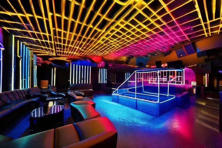 RAW photo,Night Club with neon lights, huge room, (high detailed :1.2), cyberpunk, dslr, soft lighting, high quality, (ultra realistic:1.2), Fujifilm XT3 <lora:OTA-NightClub-RealisticVisionV2.0:1>