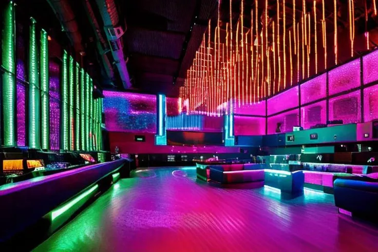 RAW photo,Night Club with neon lights, huge room, (high detailed :1.2), cyberpunk, dslr, soft lighting, high quality, (ultra realistic:1.2), Fujifilm XT3 <lora:OTA-NightClub-RealisticVisionV2.0:1>