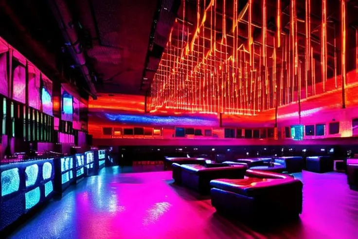 RAW photo,Night Club with neon lights, huge room, (high detailed :1.2), cyberpunk, dslr, soft lighting, high quality, (ultra realistic:1.2), Fujifilm XT3 <lora:OTA-NightClub-RealisticVisionV2.0:1>