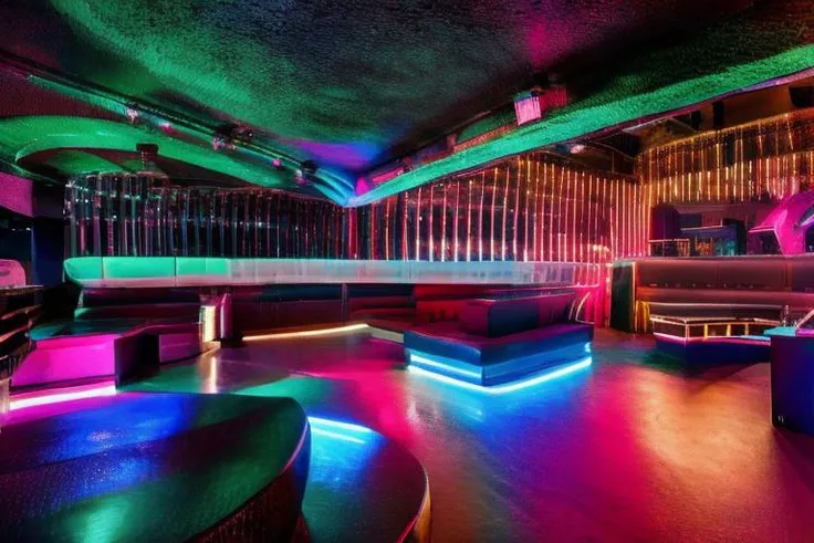 RAW photo,Night Club with neon lights, huge room, (high detailed :1.2), cyberpunk, dslr, soft lighting, high quality, (ultra realistic:1.2), Fujifilm XT3 <lora:OTA-NightClub-RealisticVisionV2.0:1>