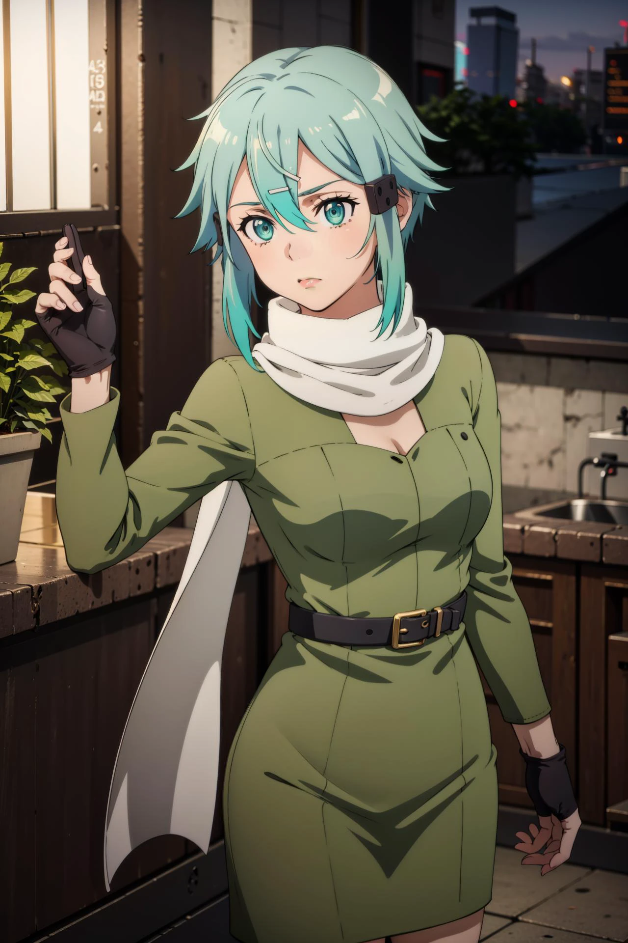 (ultra high res, ultra detailed, high resolution, highly detailed, 4k, 8k),(masterpiece), professional animation, 1girl, solo, lineup, tokyo tower, evening, arm support, sad,<lora:EPsoaSinon-14:0.7>, EPsoaSinon, short hair, aqua hair, detailed jewel-like eyes, hair between eyes, (hair ornament:1.2), hairclip, sidelocks, black footwear, black gloves, fingerless gloves, gloves, long sleeves, scarf, short hair with long locks, white scarf, wearing edgEV, dress, green dress, short dress, <lora:edgEuropeanVintageR:0.5>