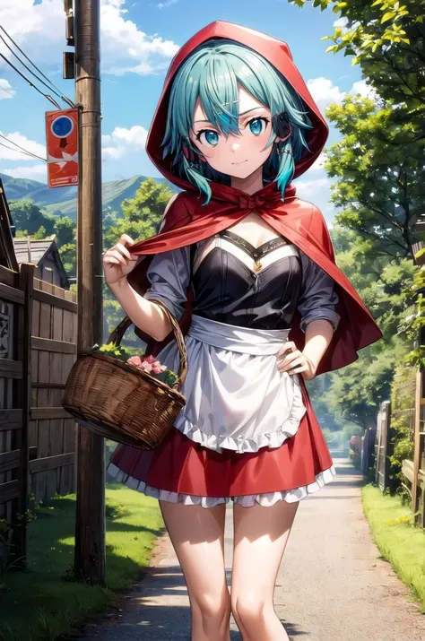 (masterpiece, best quality, detailed), 1girl, solo, looking at viewer, <lora:EPsoaSinon:1>, EPsoaSinon, short hair, blue hair, blue eyes, hair between eyes, hair ornament, hairclip, sidelocks, short hair with long locks, <lora:little_red_riding_hood_v0.1:0.9>, little red riding hood, red skirt, frills, cleavage, outdoors, (rural), japan, contrapposto, legs apart, head tilt, apron, mountain, (village), scenery, landscape, house, blue sky, cloud, grass, road, utility pole, road sign, basket, hand on own hip, arm at side, light smile, closed mouth