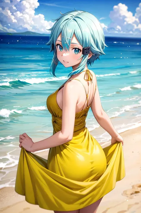 (masterpiece, best quality, detailed), 1girl, solo, looking at viewer, <lora:EPsoaSinon:1>, EPsoaSinon, short hair, blue hair, blue eyes, hair between eyes, hair ornament, hairclip, sidelocks, short hair with long locks, sundress, yellow dress, sleeveless dress, bare shoulders, outdoors, (tan), skirt lift, lifted by self, looking back, from behind, beach, sand, cloud, horizon, beachball, ball, smile, parted lips