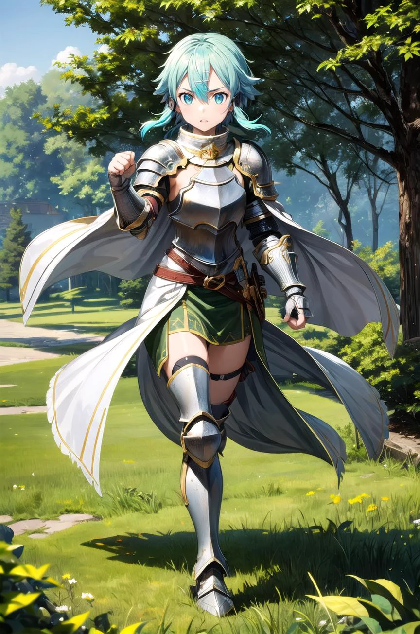 (masterpiece, best quality, detailed), 1girl, solo, looking at viewer, <lora:EPsoaSinon:1>, EPsoaSinon, short hair, blue hair, blue eyes, hair between eyes, hair ornament, hairclip, sidelocks, short hair with long locks, armor, breastplate, shoulder armor, plate armor, knight, (chainmail), white armor, outdoors, forest, nature, tree, falling leaves, leaf, wind, fighting stance, (fists), full body, outstreched arm, gloves, greaves, boobplate, (armored dress), dress, cape, grass, flower, standing on one leg, torn cape, angry, parted lips
