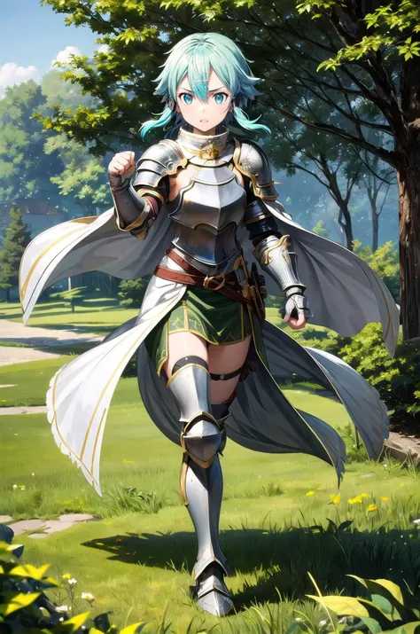 (masterpiece, best quality, detailed), 1girl, solo, looking at viewer, <lora:EPsoaSinon:1>, EPsoaSinon, short hair, blue hair, blue eyes, hair between eyes, hair ornament, hairclip, sidelocks, short hair with long locks, armor, breastplate, shoulder armor, plate armor, knight, (chainmail), white armor, outdoors, forest, nature, tree, falling leaves, leaf, wind, fighting stance, (fists), full body, outstreched arm, gloves, greaves, boobplate, (armored dress), dress, cape, grass, flower, standing on one leg, torn cape, angry, parted lips