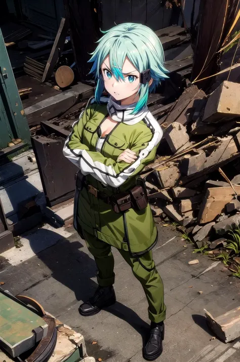 (masterpiece, best quality, detailed), 1girl, solo, looking at viewer, <lora:EPsoaSinon:1>, EPsoaSinon, short hair, blue hair, blue eyes, hair between eyes, hair ornament, hairclip, sidelocks, short hair with long locks, soldier, military, long sleeves, military uniform, military hat, body armor, ruins, indoors, post-apocalypse, crossed arms, gloves, pouch, from above, rubble, full body, angry, glaring, parted lips