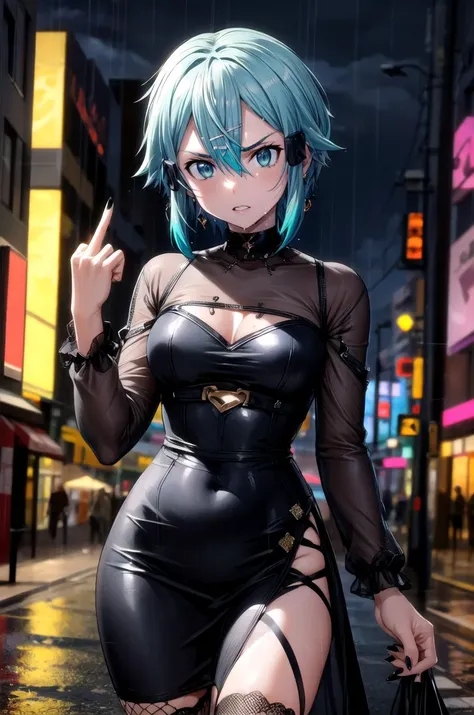 (masterpiece, best quality, detailed), 1girl, solo, looking at viewer, <lora:EPsoaSinon:1>, EPsoaSinon, short hair, blue hair, blue eyes, hair between eyes, hair ornament, hairclip, sidelocks, short hair with long locks, gothic, goth fashion, black dress, frills, long sleeves, fishnets, jewelry, earrings, outdoors, city, cyberpunk, (rain), contrapposto, legs apart, head tilt, black nails, thighhighs, night, city lights, neon lights, street, people, wet clothes, wet, wet hair, hand on own hip, arm at side, wet dress, see-through dress, <lora:midfinger-left-v2-wasabiya:0.9>, middle finger, angry, parted lips