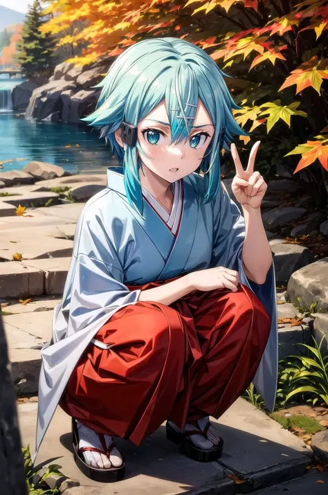 (masterpiece, best quality, detailed), 1girl, solo, looking at viewer, <lora:EPsoaSinon:1>, EPsoaSinon, short hair, blue hair, blue eyes, hair between eyes, hair ornament, hairclip, sidelocks, short hair with long locks, (samurai:1.2), japanese clothes, hakama, hairband, outdoors, stairs, stone stairs, autumn, autumn leaves, (forest), nature, squatting, peace sign, hand up, from above, (hakama pants), serious, parted lips