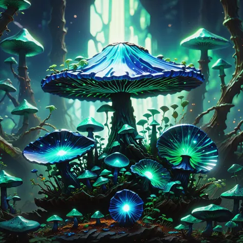 ((best quality)), ((masterpiece)), ((realistic,digital art)), (hyper detailed),DonMChr0m4t3rr4XL Lapis Lazuli Medium Disk-shaped Rough mushroom, Cracked, Netted, Fungal Filaments Entwined with Roots, Mangrove, Mycorrhizal, Glowing,  Green Bruising,,,Wrinkled Hymenium, Rose Madder Flaring and Rooting Base, Potentially lethal, , octane rendering, raytracing, volumetric lighting, Backlit,Rim Lighting, 8K, HDR <lora:DonMChr0m4t3rr4XL-000008:1>