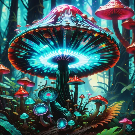 ((best quality)), ((masterpiece)), ((realistic,digital art)), (hyper detailed),DonMChr0m4t3rr4XL Topaz Medium Flat Pimpled mushroom, Iridescent Sheen, Root Extension into Fungal Mycelium, Rainforest, Effuse, Luminescent, Red Spore Print Gills with Trama, Transparent Latex,,Cobwebby Annulus,,Furrowed and Grooved Volva, Dark pink Swollen Base, Healing, , octane rendering, raytracing, volumetric lighting, Backlit,Rim Lighting, 8K, HDR <lora:DonMChr0m4t3rr4XL-000008:1>