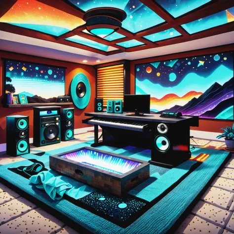 DonMChr0m4t3rr4XL Family Room, Desk,Shoe Rack,Drawer Organizers,Speakers,Towels, Exposed Aggregate Concrete and Pile Weave tapestry, Candlelight, Cove Lighting <lora:DonMChr0m4t3rr4XL-000008:1>