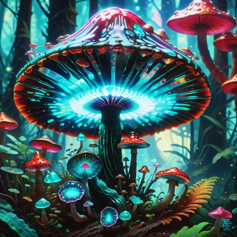 ((best quality)), ((masterpiece)), ((realistic,digital art)), (hyper detailed),DonMChr0m4t3rr4XL Topaz Medium Flat Pimpled mushroom, Iridescent Sheen,  Root Extension into Fungal Mycelium, Rainforest, Effuse, Luminescent, Red Spore Print Gills with Trama, Transparent Latex,,Cobwebby Annulus,,Furrowed and Grooved Volva, Dark pink Swollen Base, Healing, , octane rendering, raytracing, volumetric lighting, Backlit,Rim Lighting, 8K, HDR <lora:DonMChr0m4t3rr4XL-000008:1>