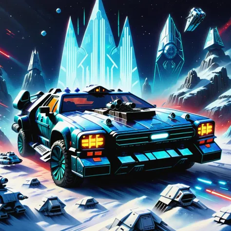 ((best quality)), ((masterpiece)), ((realistic,digital art)), (hyper detailed),DonMChr0m4t3rr4XL Large Snowspeeder (Star Wars, Fictional), Stylized Grille, Self-Dimming Mirrors, Halogen Fog Lights, Stone, Tinted, Midnight Black, , octane rendering, raytracing, volumetric lighting, Backlit,Rim Lighting, 8K, HDR <lora:DonMChr0m4t3rr4XL-000008:1>
