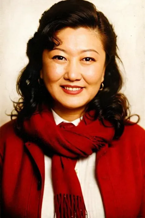 1women,Best quality, masterpiece, ultra high res,(photorealistic:1.4), proscenium,Red clothes,Green scarf, looking at viewer, beaming smile,deep shadow, low key, golden hour, <lora:gaoxiumin:0.8>