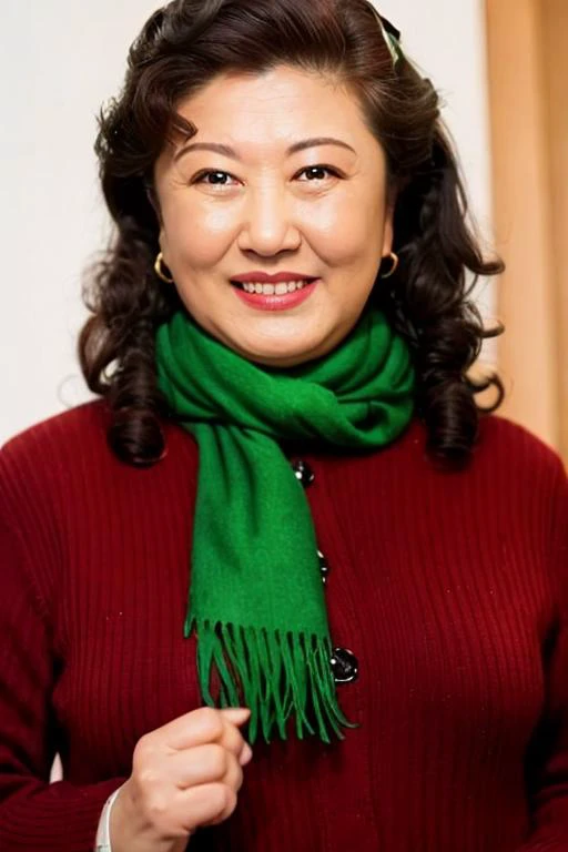 1women,40 years old,Best quality, masterpiece, ultra high res,(photorealistic:1.4), full body, proscenium,Red clothes,Green scarf,looking at viewer, beaming smile,deep shadow, low key, golden hour, <lora:gaoxiumin:0.8>