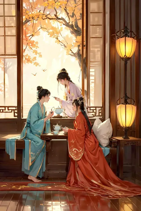 -Hanama wine, sitting, painting \(object\), single hair bun, indoors, hair bun, long sleeves, multiple boys, table, holding, robe, profile, 2boys, lattice, outstretched arm, ceiling, long hair, male focus, eastern dragon, black hair, hair pulled back, looking at another, on floor, wide sleeves, food, half updo, arm support, topknot, teapot, vase, cup, updo, dragon, indian style, cushion, chinese clothes, book, bangs, east asian architecture, fruit, round window, from side, sliding doors, architecture, smoke, window, scroll, lantern, hair ornament, shelf<lora:Hanama wine-000018:0.8>,