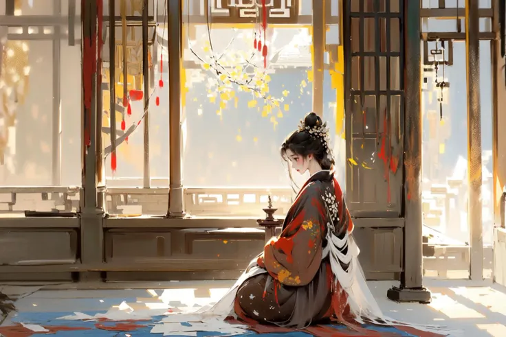 -Hanama wine, solo, long hair, chinese clothes, 1girl, black hair, single hair bun, hair bun, hanfu, long sleeves, sitting, traditional media, seiza, pillar, from side, tree, robe, profile, painting \(medium\)<lora:Hanama wine-000018:0.8>,