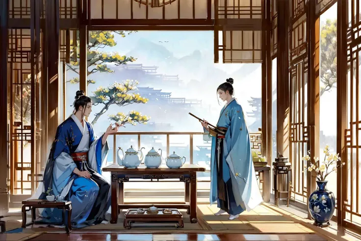(masterpiece:1.2),best quality,PIXIV,
Hanama wine, architecture, multiple boys, east asian architecture, sitting, lattice, board game, vase, hanfu, long sleeves, chinese clothes, flower, holding, black hair, 2boys, robe, cup, indoors, scroll, teapot, tree, wide sleeves, table, male focus, cushion, hair bun, profile, hand fan, standing, topknot, book, single hair bun, sliding doors, scenery, updo, window, painting \(object\), closed mouth, weapon, day
<lora:Hanama wine V2-000018:0.8>,