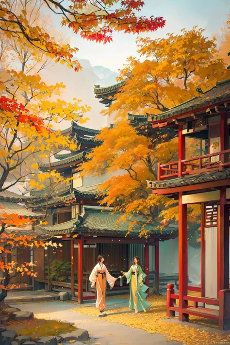 -Hanama wine, 1girl, tree, 1boy, autumn leaves, scenery, architecture, east asian architecture, autumn, outdoors, long hair, leaf, japanese clothes, dress, kimono, green dress, hetero, brown hair, walking, short hair, long sleeves<lora:Hanama wine-000018:0.8>,