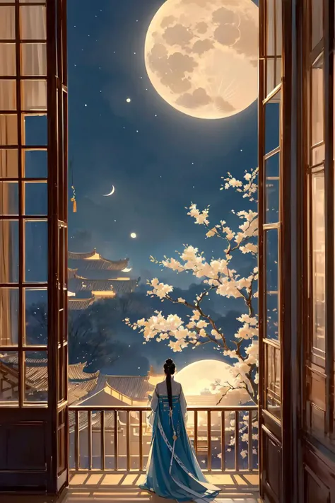 -Hanama wine, long hair, black hair, solo, moon, architecture, 1girl, from behind, tree, standing, full moon, hair bun, east asian architecture, single hair bun, hanfu, long sleeves, night, sky, railing, traditional media, chinese clothes, scenery, facing away, dress, sliding doors,anime,<lora:Hanama wine V2-000018:0.8>,