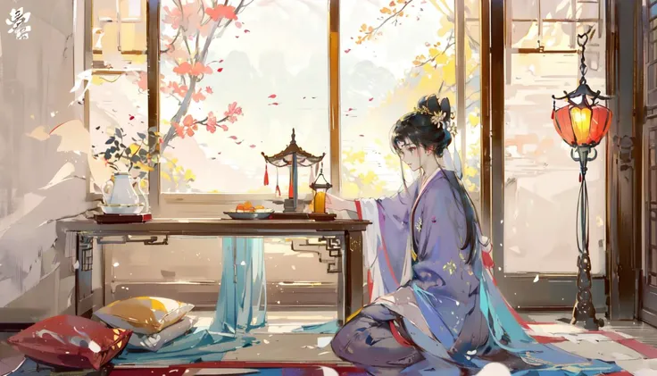 Hanama wine,sitting,painting \(object\),single hair bun,indoors,hair bun,long sleeves,multiple boys,table,holding,robe,profile,2boys,lattice,outstretched arm,ceiling,long hair,male focus,eastern dragon,black hair,hair pulled back,looking at another,on floor,wide sleeves,food,half updo,arm support,topknot,teapot,vase,cup,updo,dragon,indian style,cushion,chinese clothes,book,bangs,east asian architecture,fruit,round window,from side,sliding doors,architecture,smoke,window,scroll,lantern,hair ornament,shelf,
<lora:Hanama wine-000018:1>,