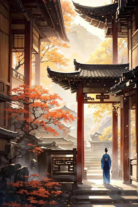 -Hanama wine, solo, single hair bun, japanese clothes, scenery, hair bun, black hair, stairs, architecture, 1girl, tree, from behind, kimono, east asian architecture, standing, sword, weapon, long sleeves, wide shot, facing away<lora:Hanama wine-000018:0.8>,
