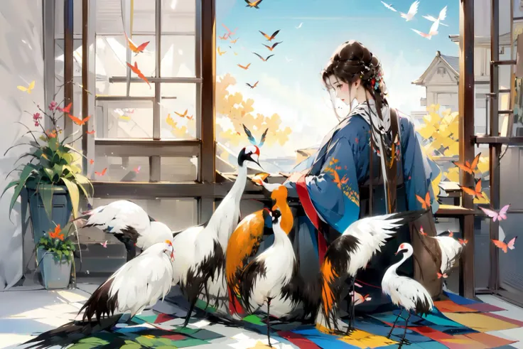 -Hanama wine, bird, long hair, bug, crane \(animal\), butterfly, sitting, 1boy, facing away, animal, male focus, tree, solo, brown hair, robe, from behind, black hair, long sleeves, very long hair, japanese clothes, half updo<lora:Hanama wine-000018:0.8>,