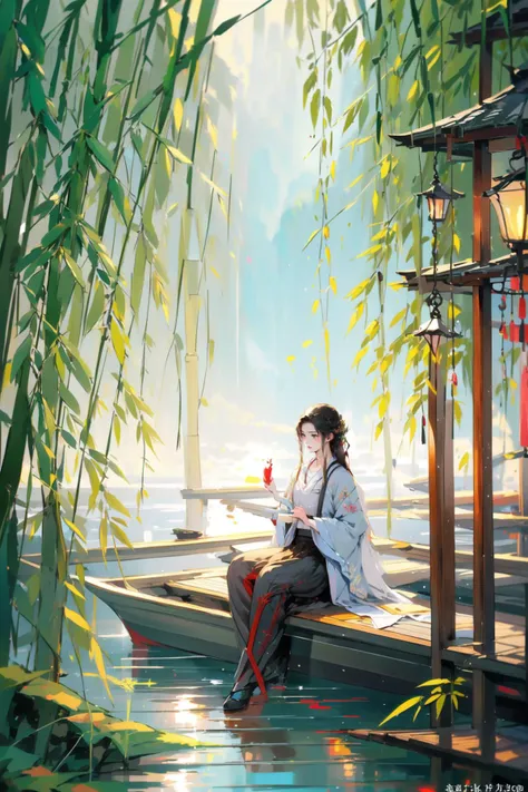 Hanama wine,boat,nature,watercraft,forest,bamboo,lantern,scenery,water,sitting,bamboo forest,outdoors,tree,night,multiple boys,black hair,2boys,long hair,1girl,
<lora:Hanama wine-000018:0.8>,