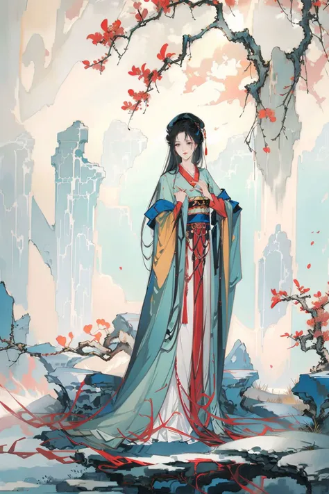 -Hanama wine,long hair,black hair,solo,1girl,tree,standing,hanfu,long sleeves,traditional media,chinese clothes,scenery,dress,anime,<lora:HanamaWineV2-000018:0.6>,, (masterpiece, best quality, high quality, highres, ultra-detailed),