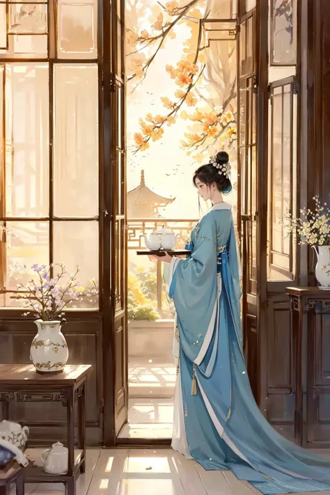 -Hanama wine, architecture, multiple boys, east asian architecture, sitting, board game, lattice, vase, hanfu, long sleeves, flower, chinese clothes, holding, black hair, robe, 2boys, cup, indoors, tree, teapot, wide sleeves, scroll, table, cushion, hair bun, male focus, profile, topknot, hand fan, single hair bun, sliding doors, standing, book, updo, scenery, painting \(object\), closed mouth, window<lora:Hanama wine-000018:0.8>,