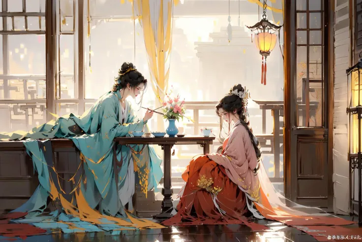 -Hanama wine, sitting, painting \(object\), single hair bun, indoors, hair bun, long sleeves, multiple boys, table, holding, robe, profile, 2boys, lattice, outstretched arm, ceiling, long hair, male focus, eastern dragon, black hair, hair pulled back, looking at another, on floor, wide sleeves, food, half updo, arm support, topknot, teapot, vase, cup, updo, dragon, indian style, cushion, chinese clothes, book, bangs, east asian architecture, fruit, round window, from side, sliding doors, architecture, smoke, window, scroll, lantern, hair ornament, shelf<lora:Hanama wine-000018:0.8>,