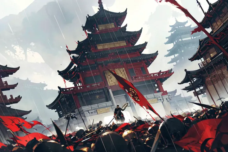 (masterpiece:1.2),best quality,PIXIV,
Hanama wine,architecture,east asian architecture,rain,weapon,multiple boys,flag,blood,riding,polearm,banner,outdoors,sword,war,6+boys,spear,hat,multiple others,armor,holding weapon,sky,male focus,death,holding,
<lora:Hanama wine V2-000018:0.8>,