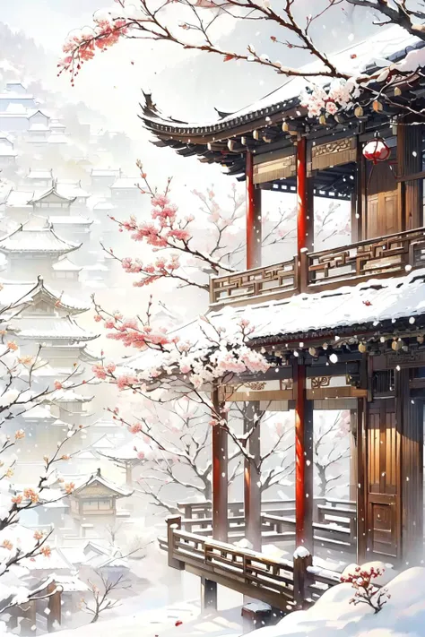 -Hanama wine, no humans, scenery, architecture, east asian architecture, tree, outdoors, branch, cherry blossoms, building, snow<lora:Hanama wine-000018:0.8>,