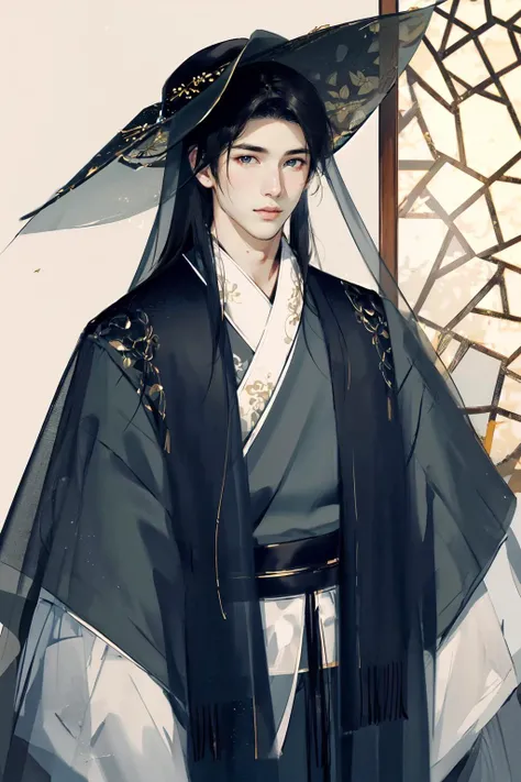 -Hanama wine, 1boy, male focus, solo, black hair, long hair, upper body, veil, chinese clothes, looking at viewer, hanfu, hat<lora:Hanama wine-000018:0.8>,
