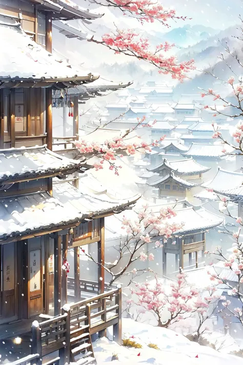 -Hanama wine, no humans, scenery, architecture, east asian architecture, outdoors, tree, snow, cherry blossoms, building, sky, mountain, day, winter<lora:Hanama wine-000018:0.8>,
