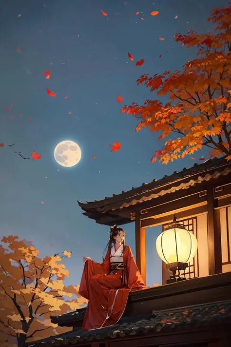 -Hanama wine, 1girl, lantern, tree, east asian architecture, solo, leaf, architecture, autumn leaves, long sleeves, sitting, long hair, outdoors, black hair, day, in tree, autumn, sash, wide sleeves, paper lantern, hanfu, moon, hair bun, wide shot, hair ornament, full moon, chinese clothes, black footwear, profile, building, rooftop, sunlight, holding, brown hair, sky,anime,<lora:Hanama wine V2-000018:0.8>,